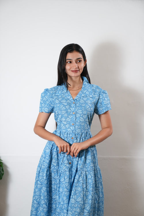 Azure button down cotton midi dress
