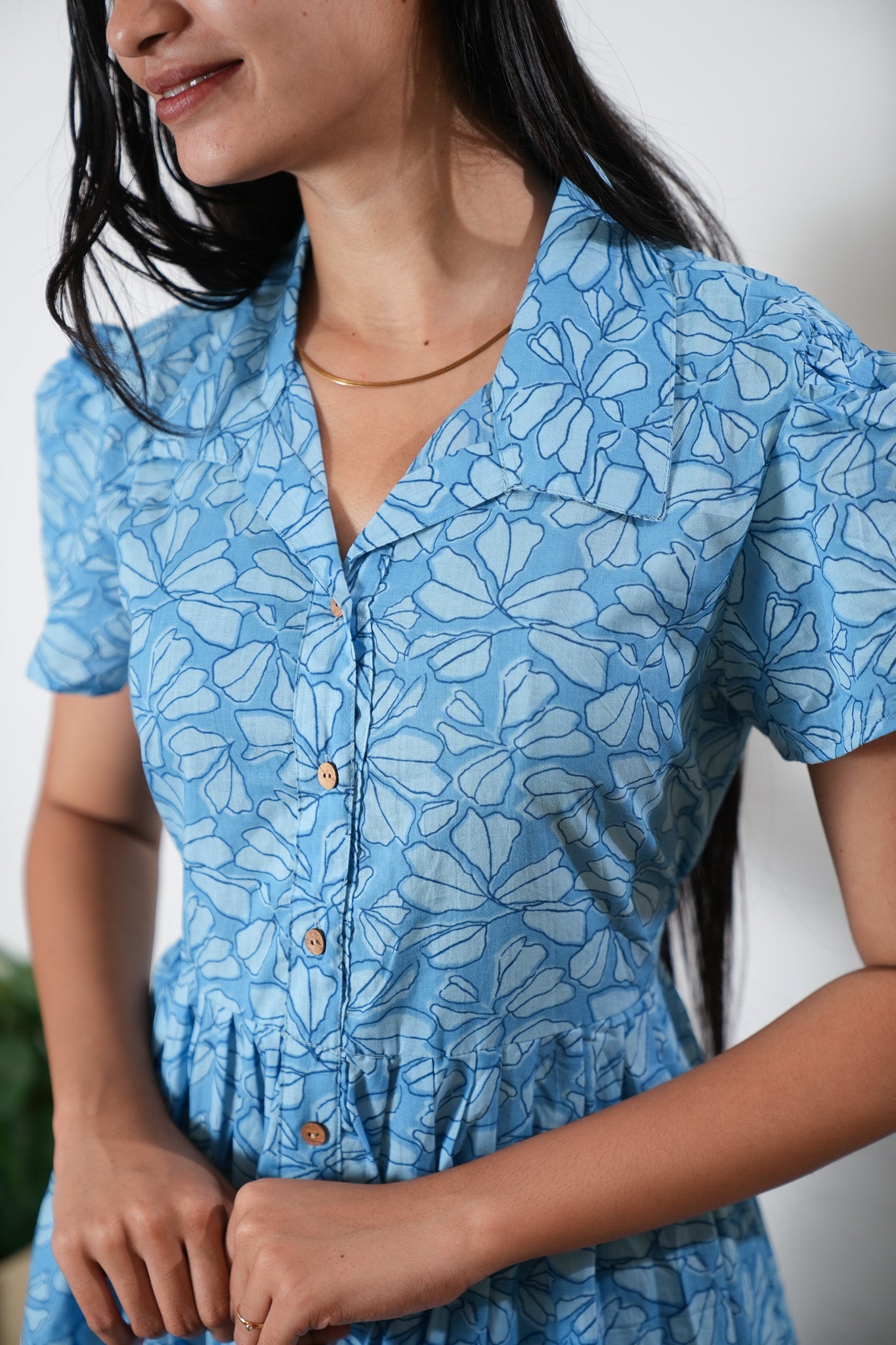 Azure button down cotton midi dress