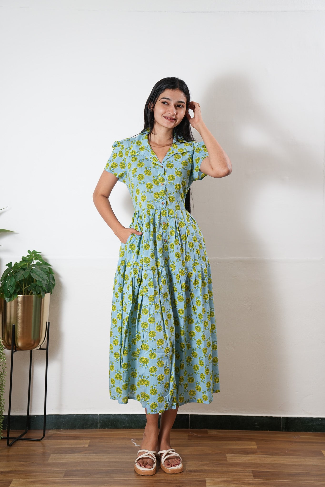 Soft blue button down cotton midi dress