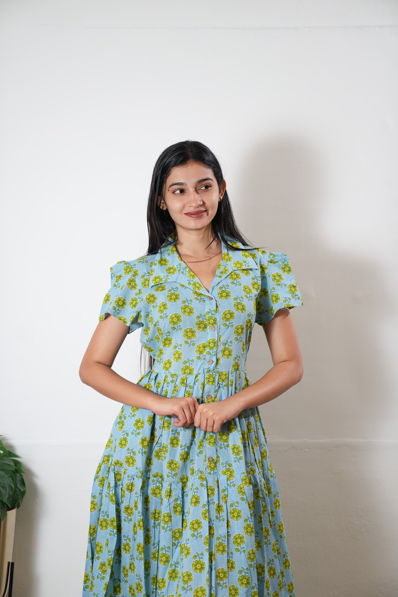 Soft blue button down cotton midi dress