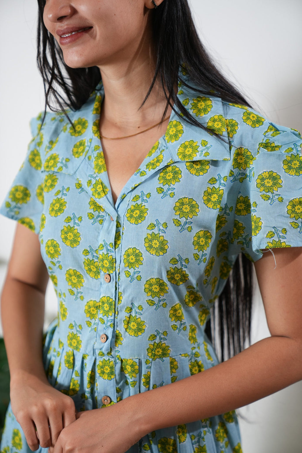 Soft blue button down cotton midi dress