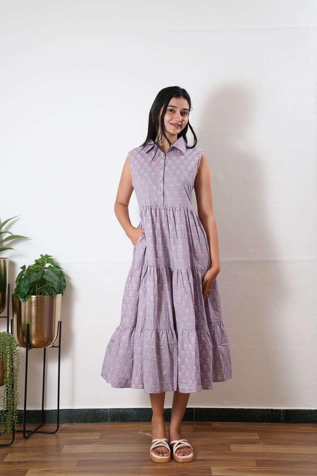 Lavender button down cotton midi dress(attached sleeves)