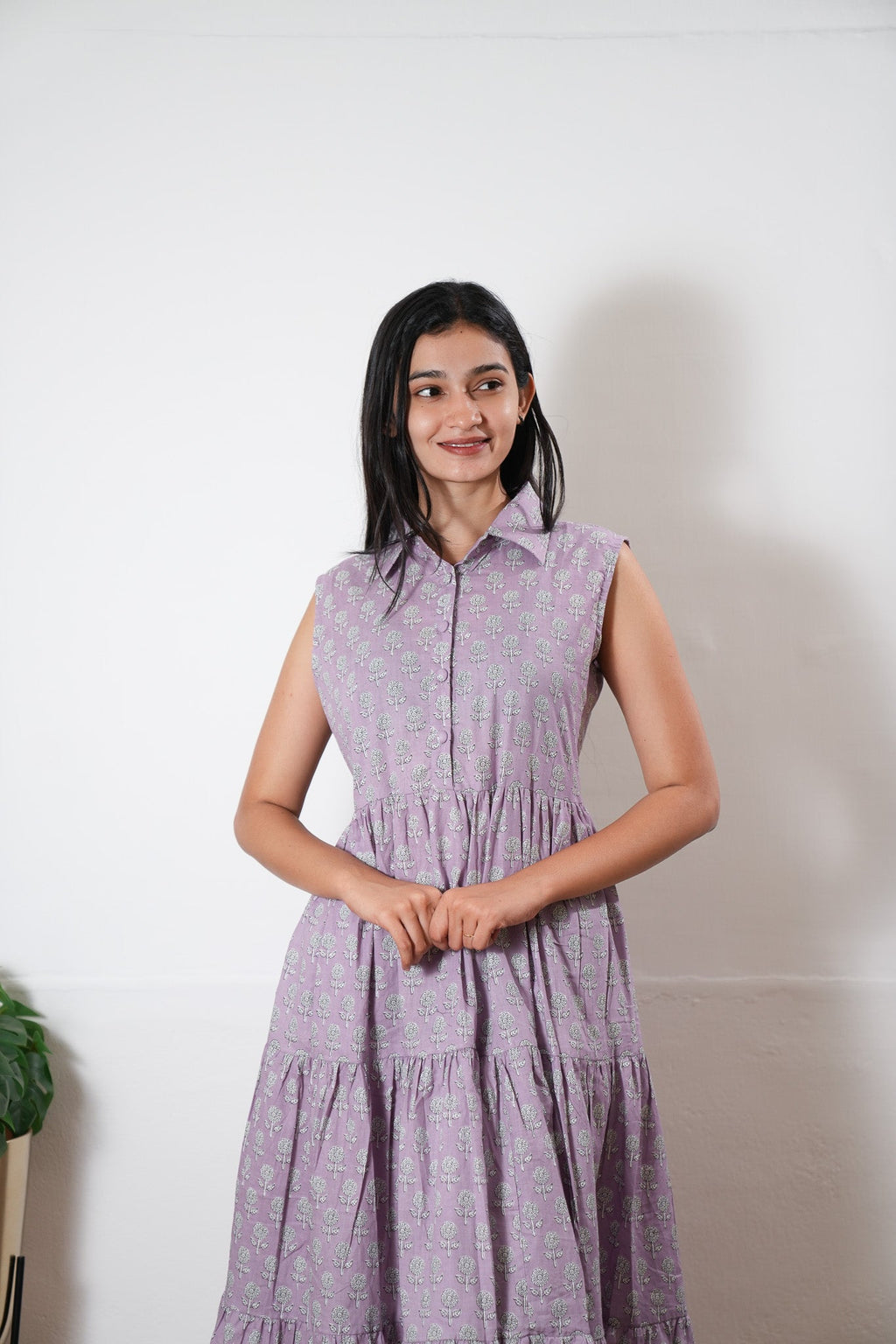 Lavender button down cotton midi dress(attached sleeves)