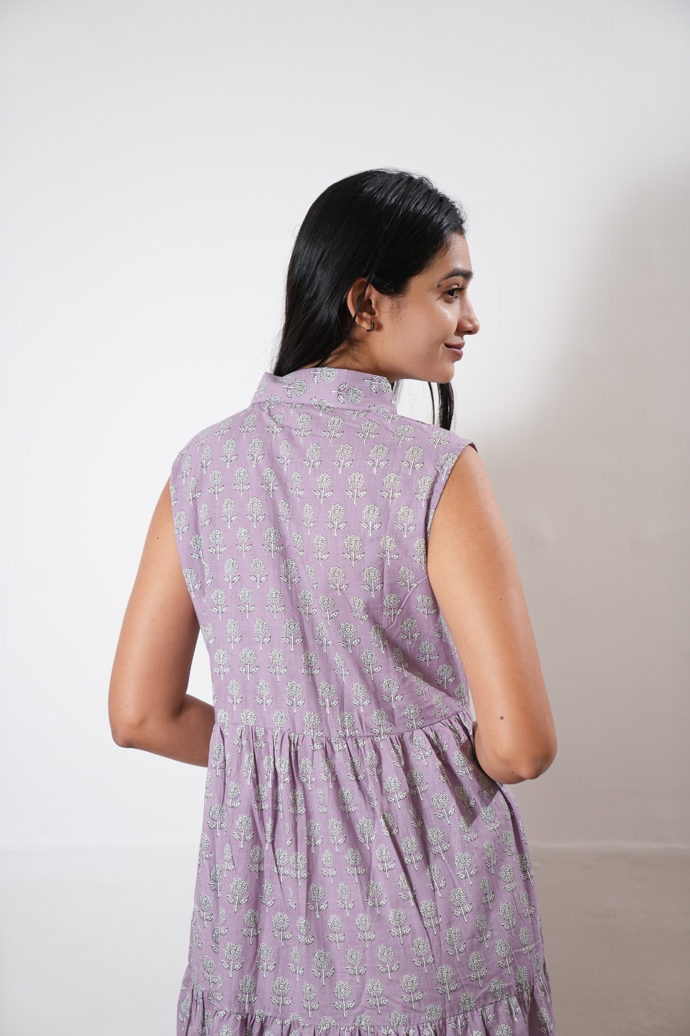 Lavender button down cotton midi dress(attached sleeves)