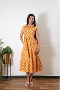 Marigold button down cotton midi dress(attached sleeves)