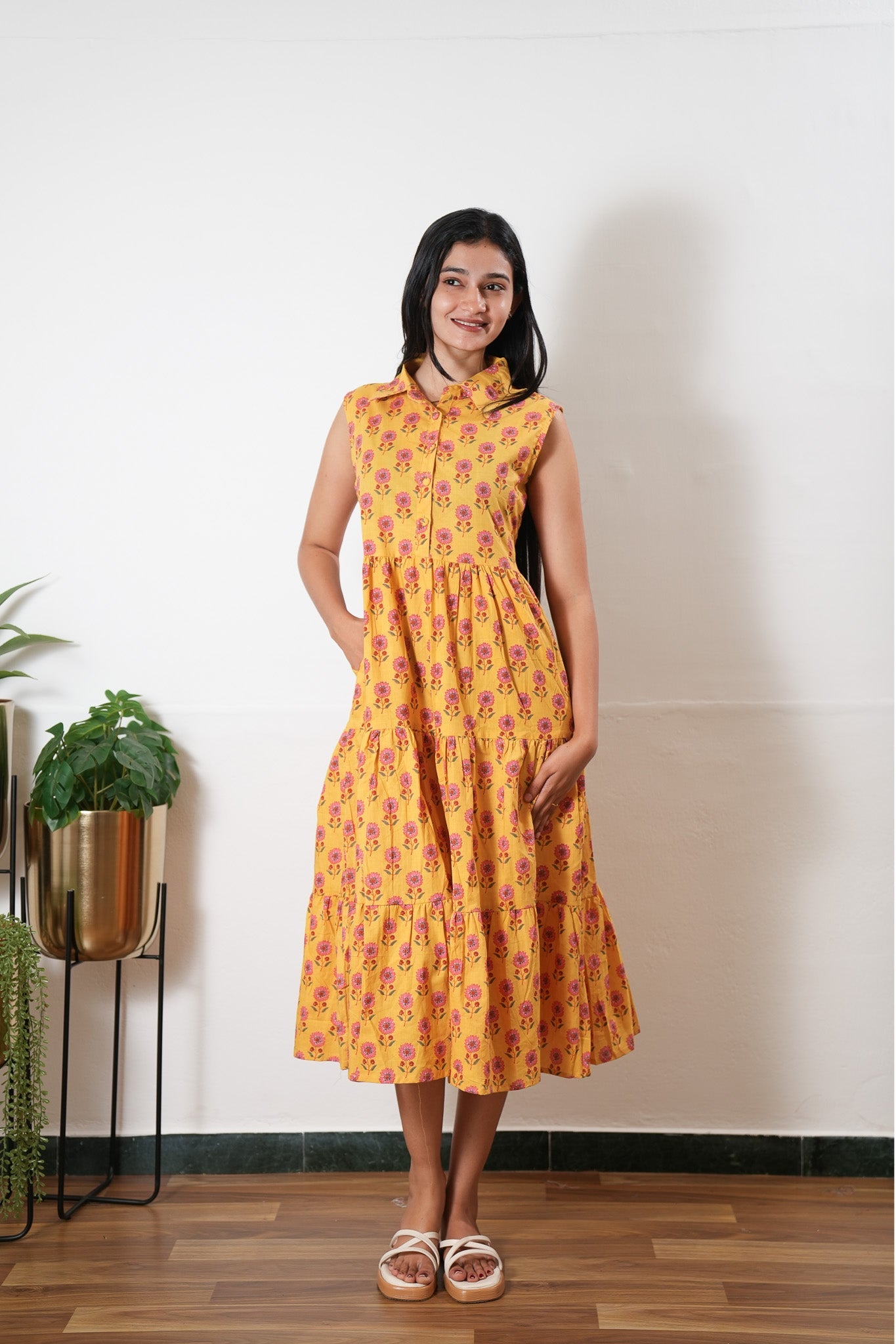 Marigold button down cotton midi dress(attached sleeves)