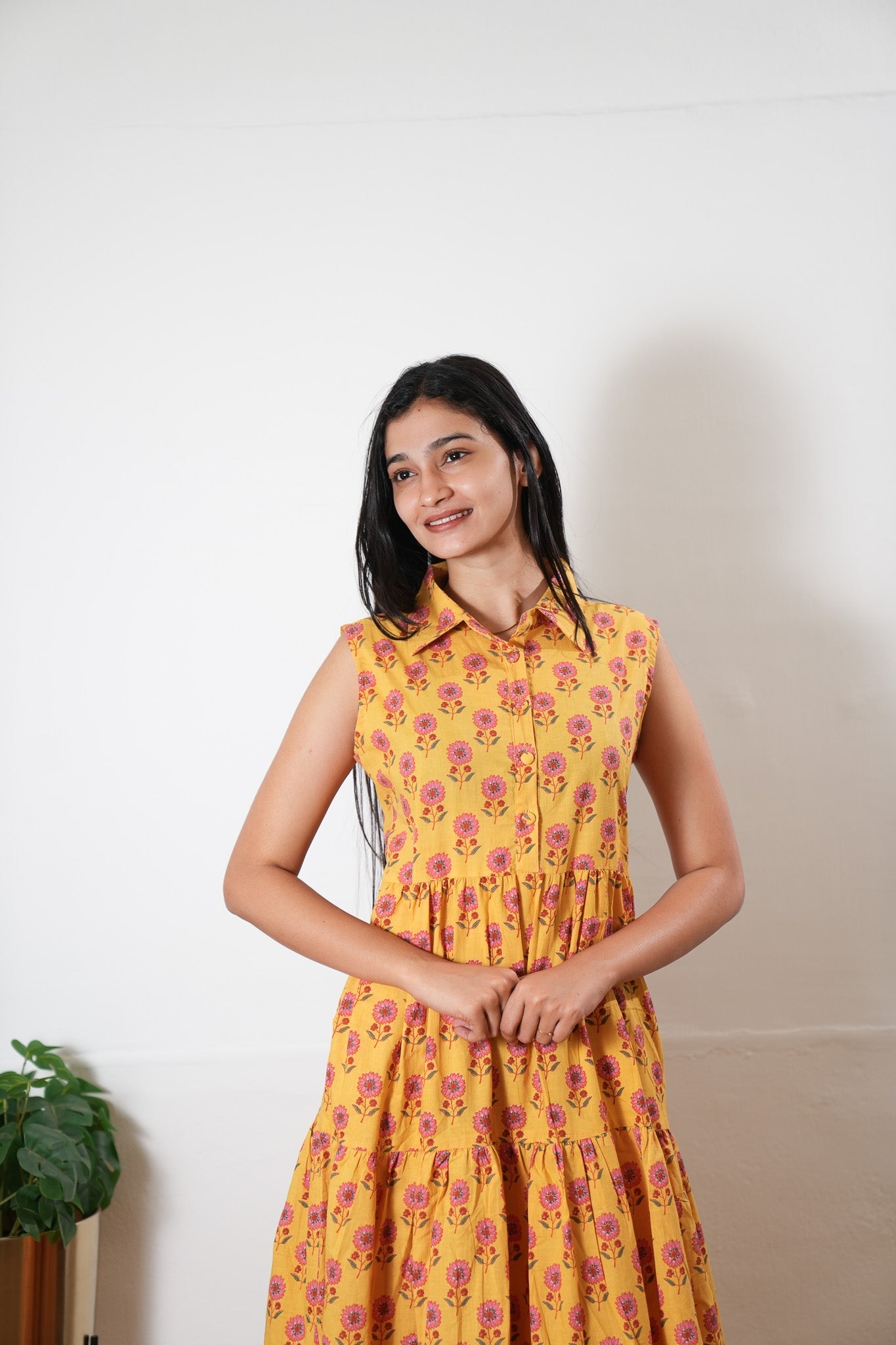 Marigold button down cotton midi dress(attached sleeves)