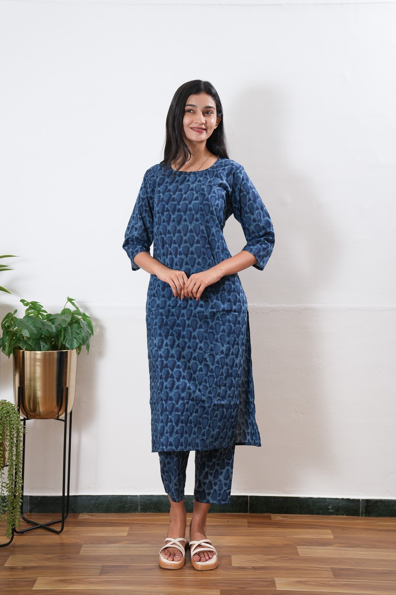 Indigo tie and dye round neck cotton co-ords set