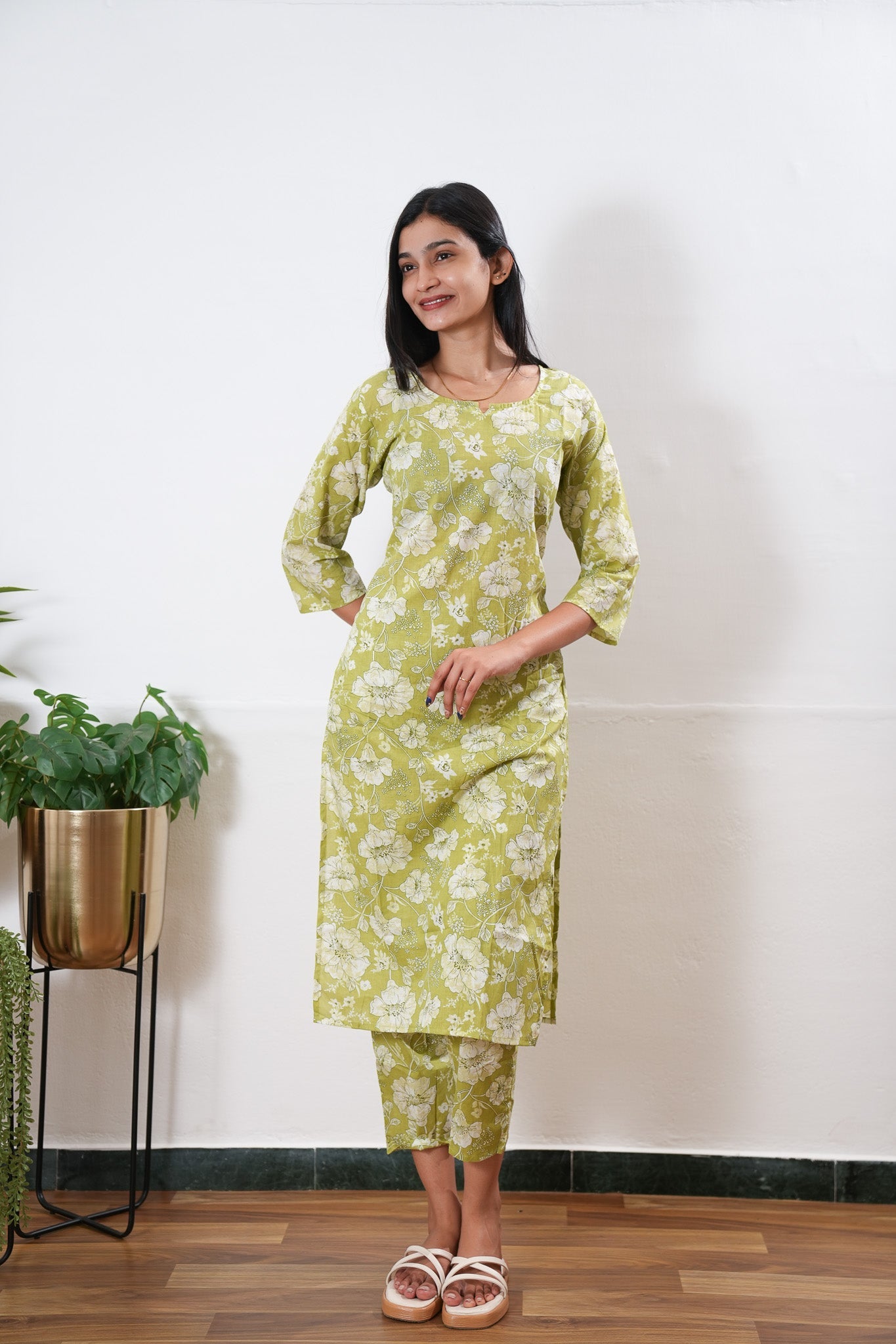 Lime green round neck cotton co-ords set