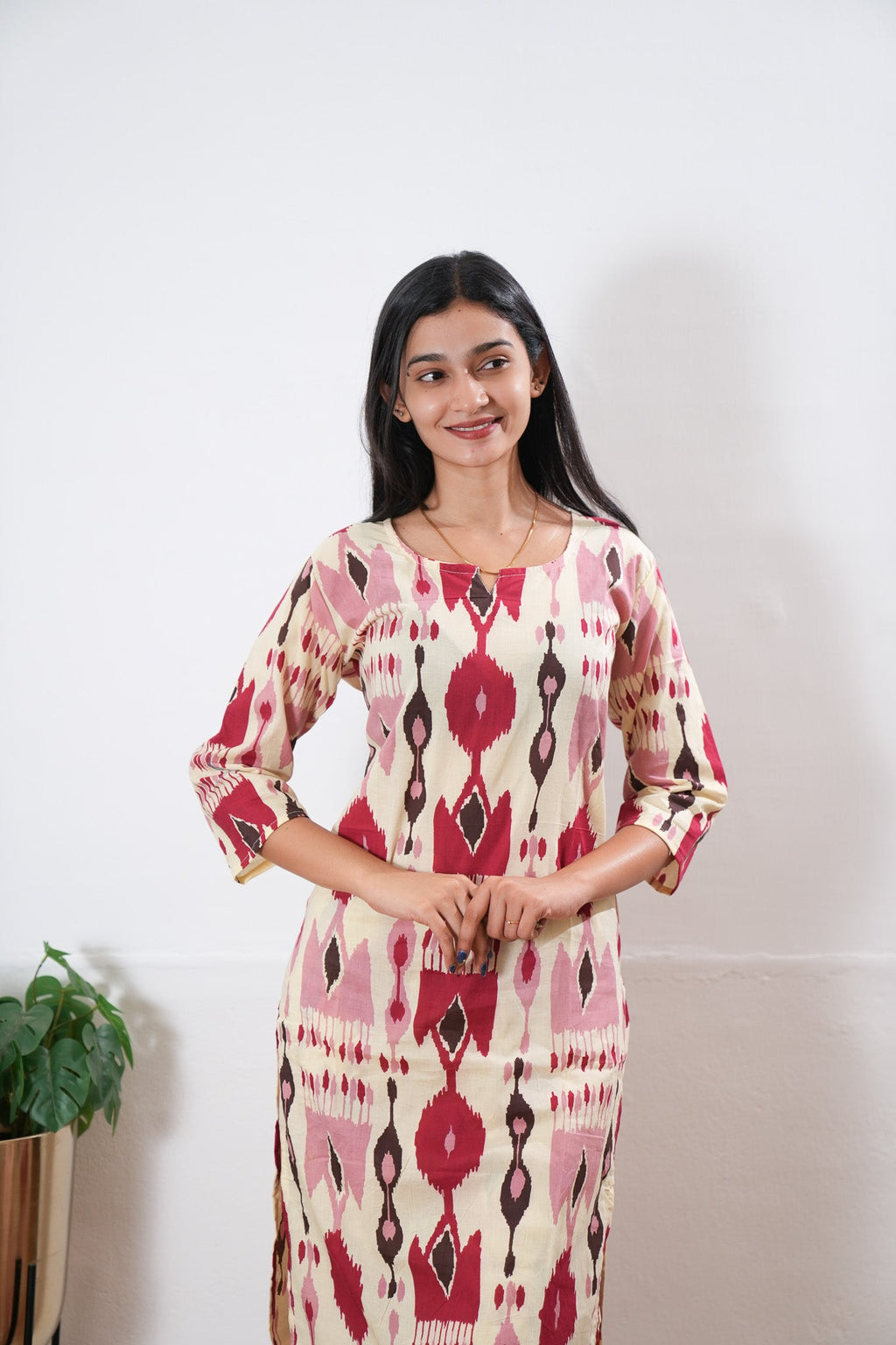 Beige geometric round neck cotton co-ords set
