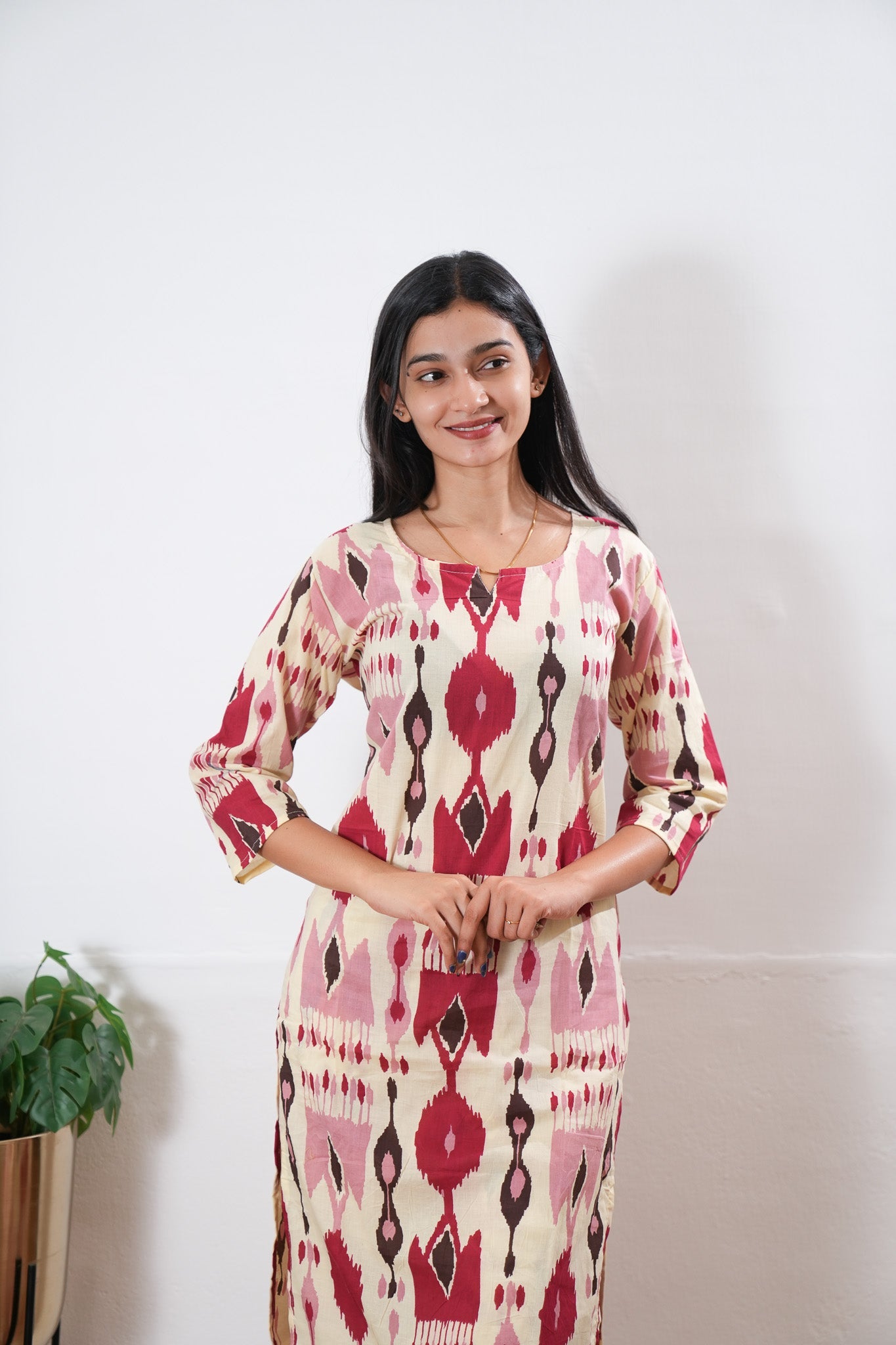 Beige geometric round neck cotton co-ords set