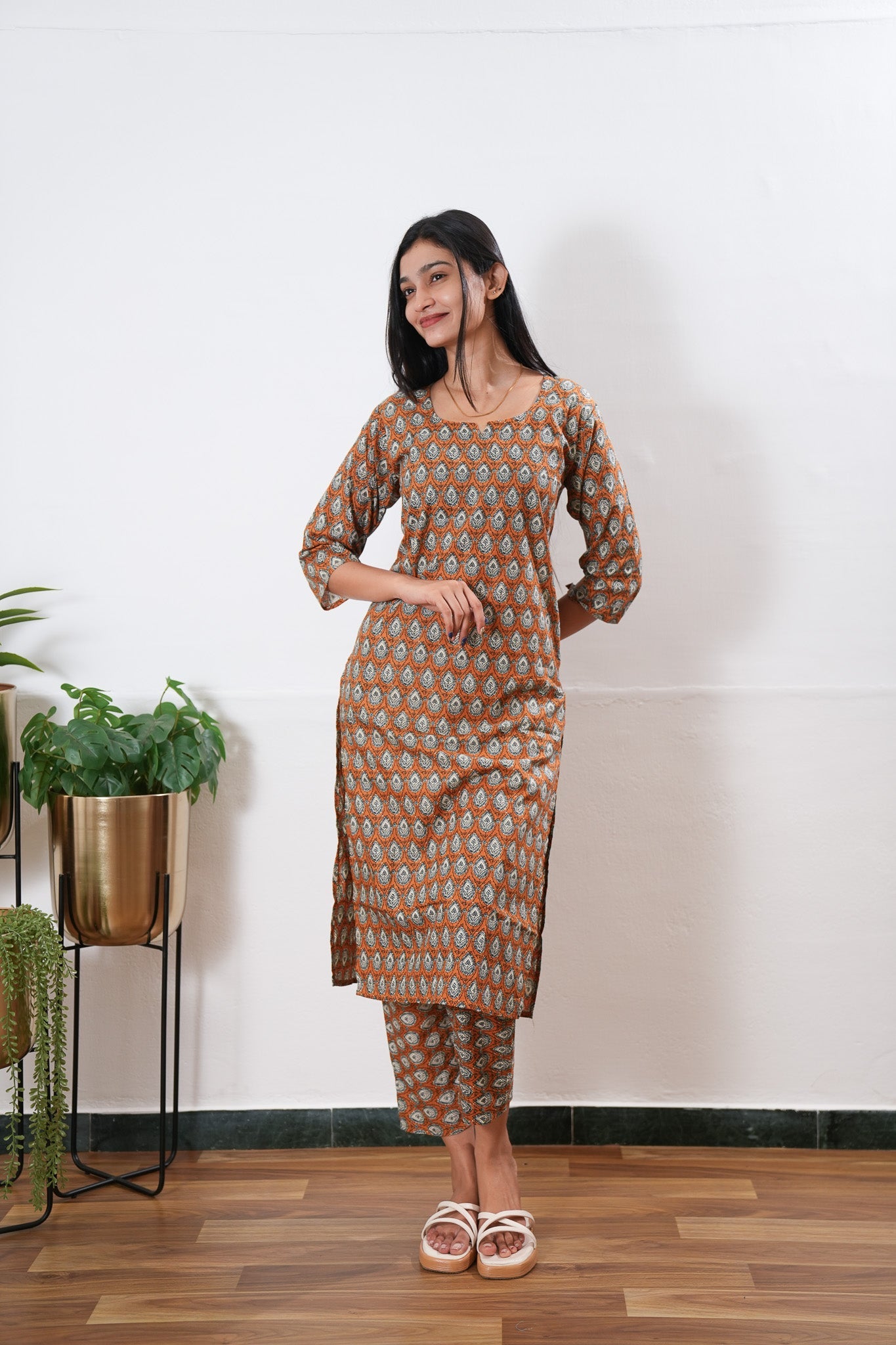 Orange round neck cotton co-ords set