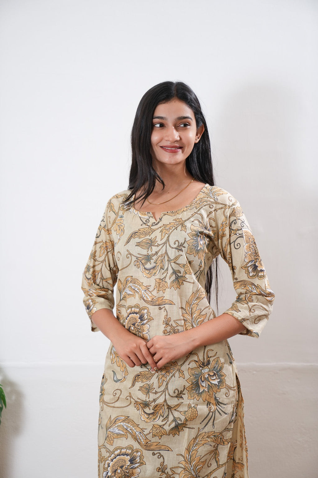 Beige round neck cotton co-ords set