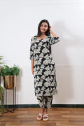 Black roses round neck cotton co-ords set