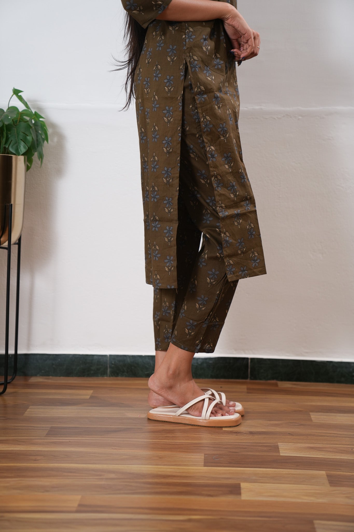Brown round neck cotton co-ords set