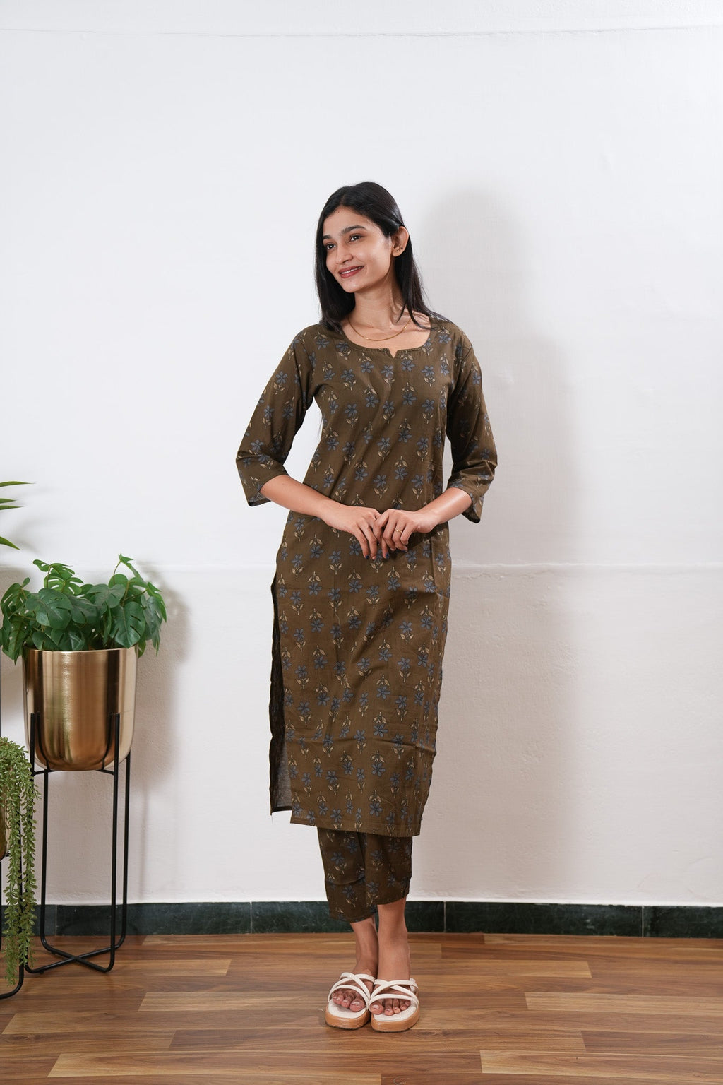 Brown round neck cotton co-ords set