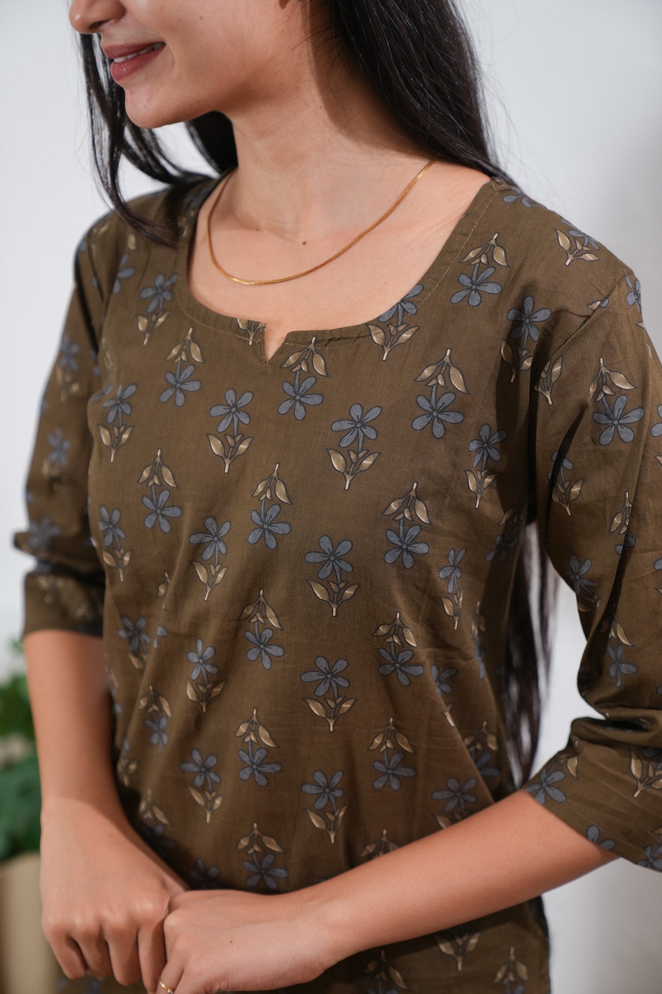 Brown round neck cotton co-ords set