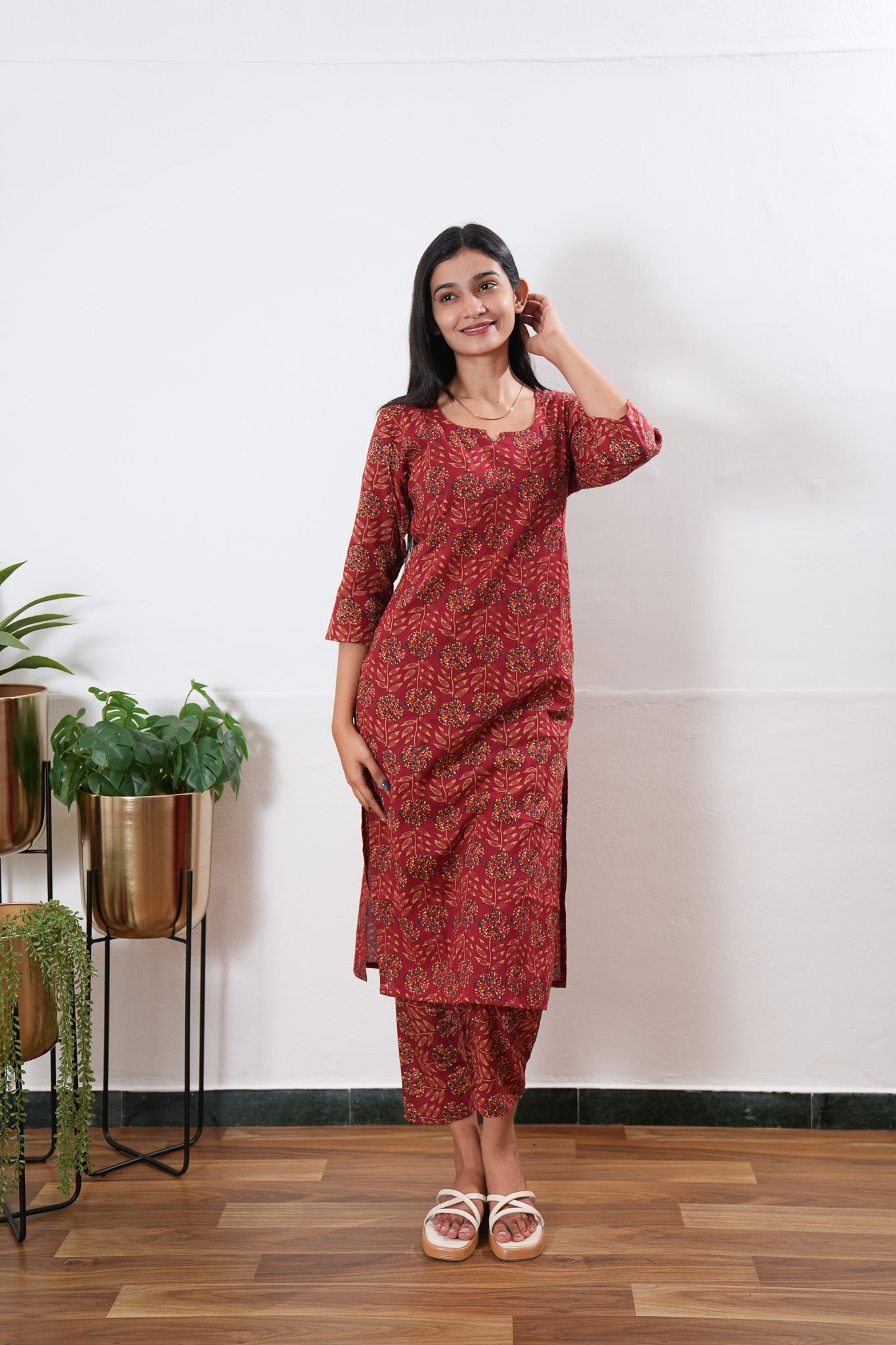 Red round neck cotton co-ords set