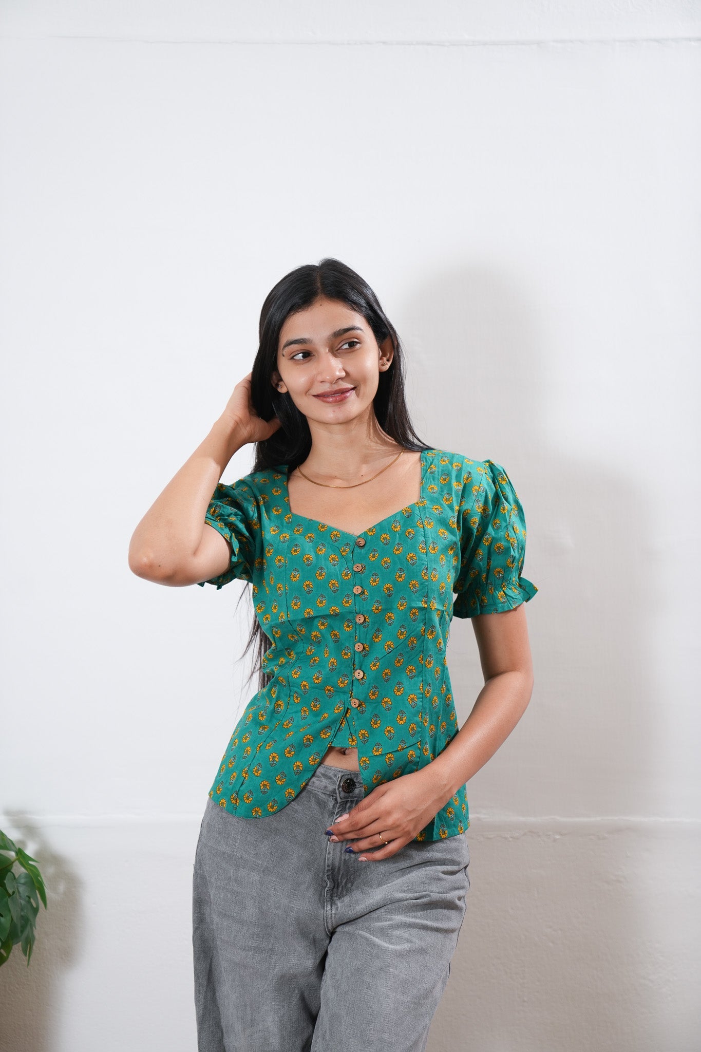Turquoise button down cotton top