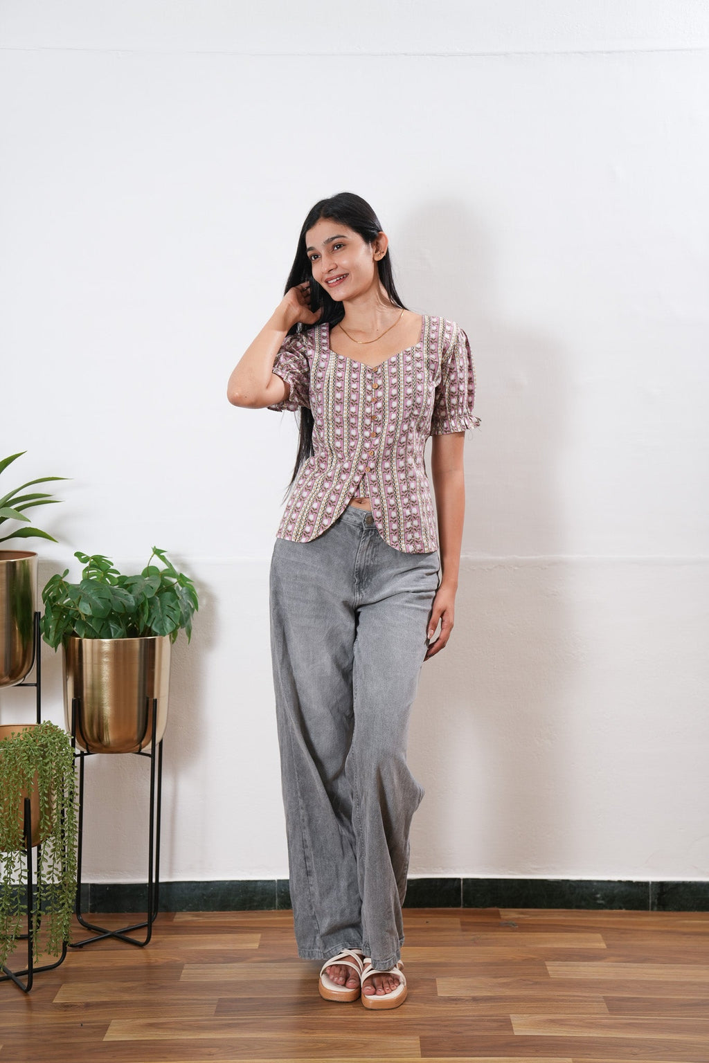 Pink roses button down cotton top