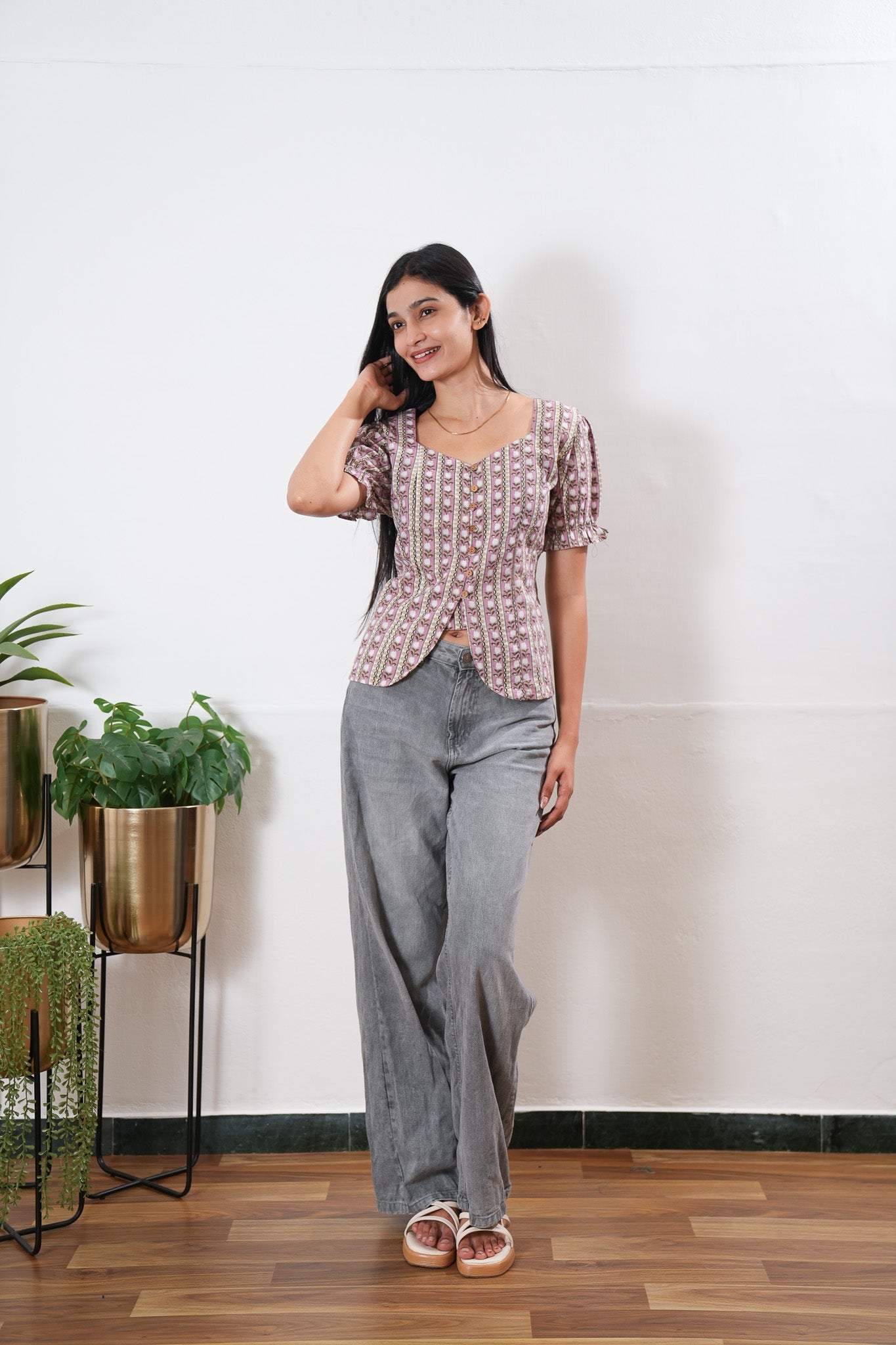 Pink roses button down cotton top
