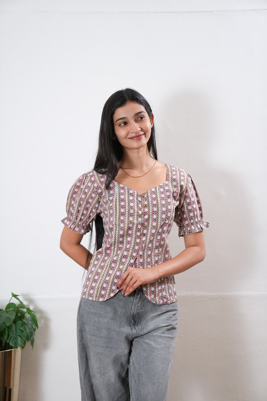 Pink roses button down cotton top