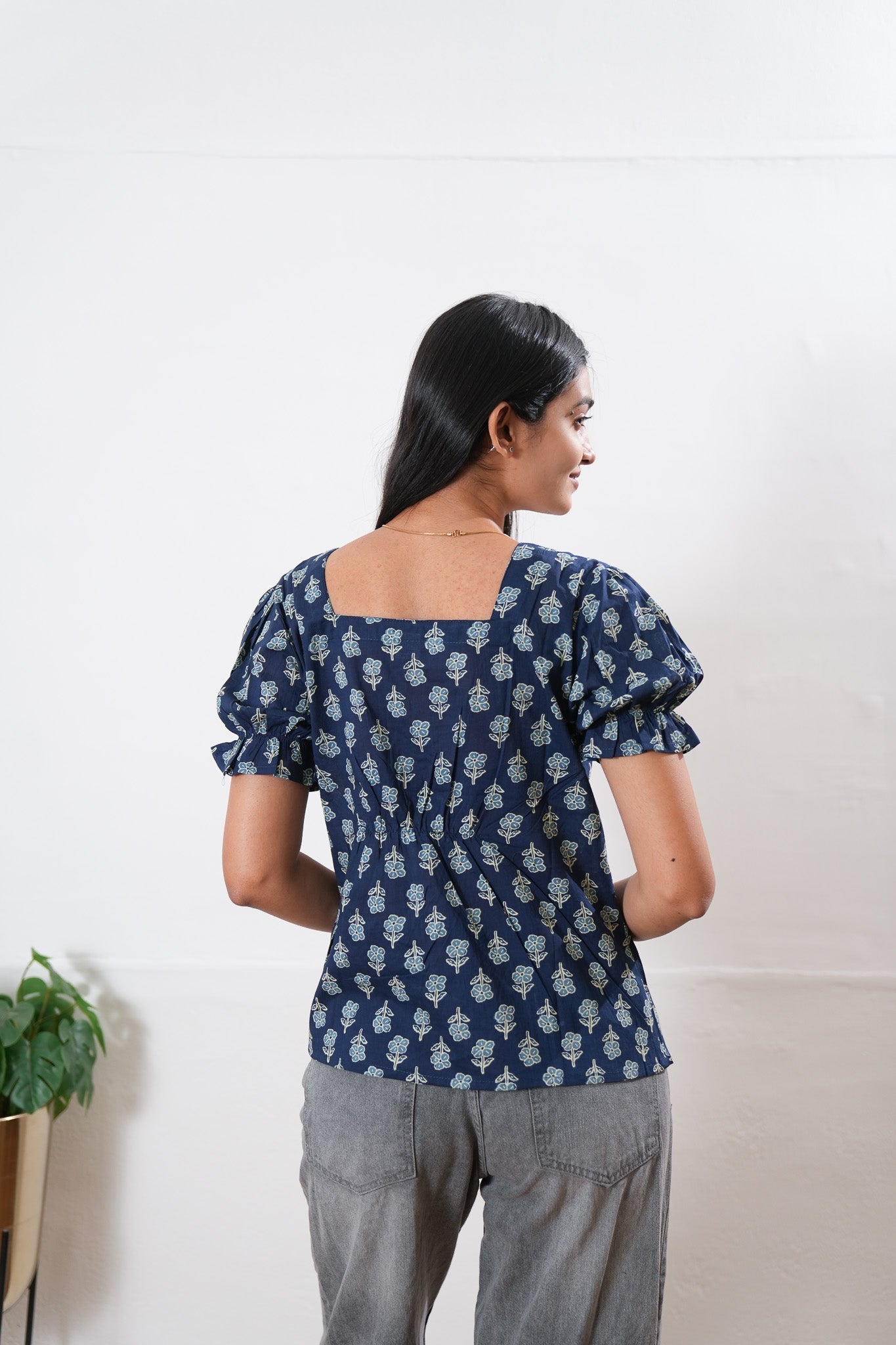 Blue floral button down cotton top