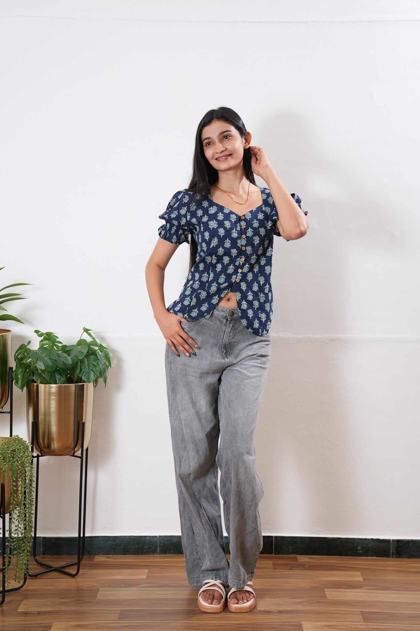 Blue floral button down cotton top