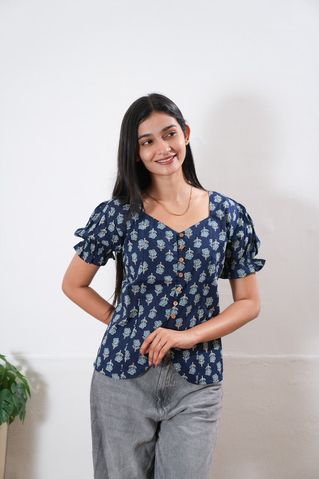 Blue floral button down cotton top