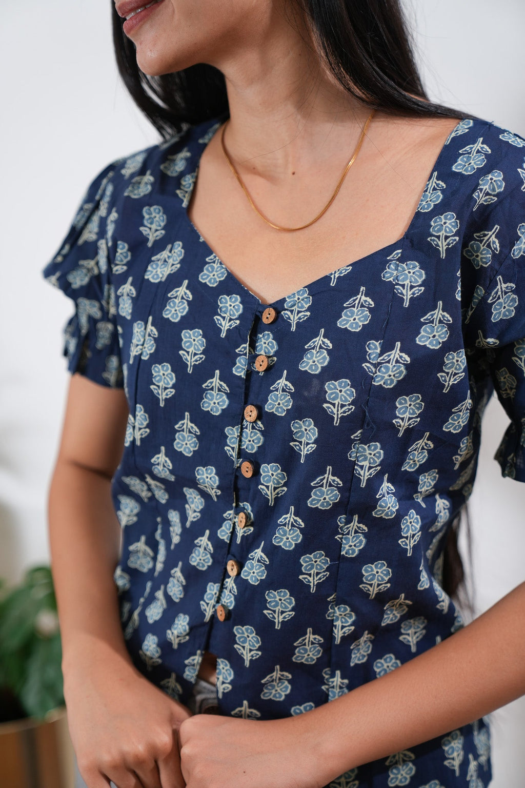 Blue floral button down cotton top