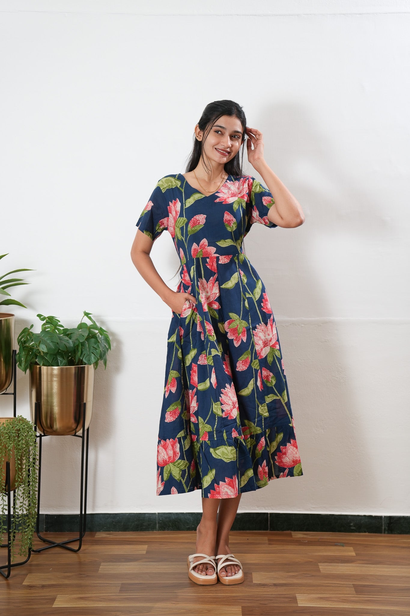 Royal blue lillies cotton midi dress