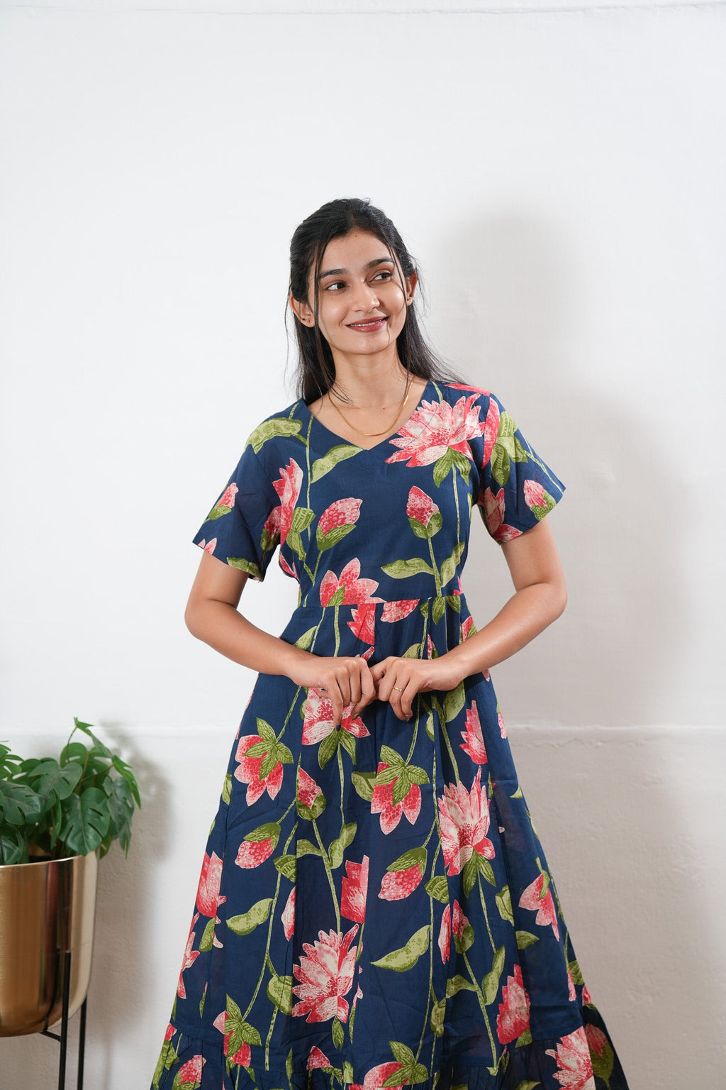 Royal blue lillies cotton midi dress
