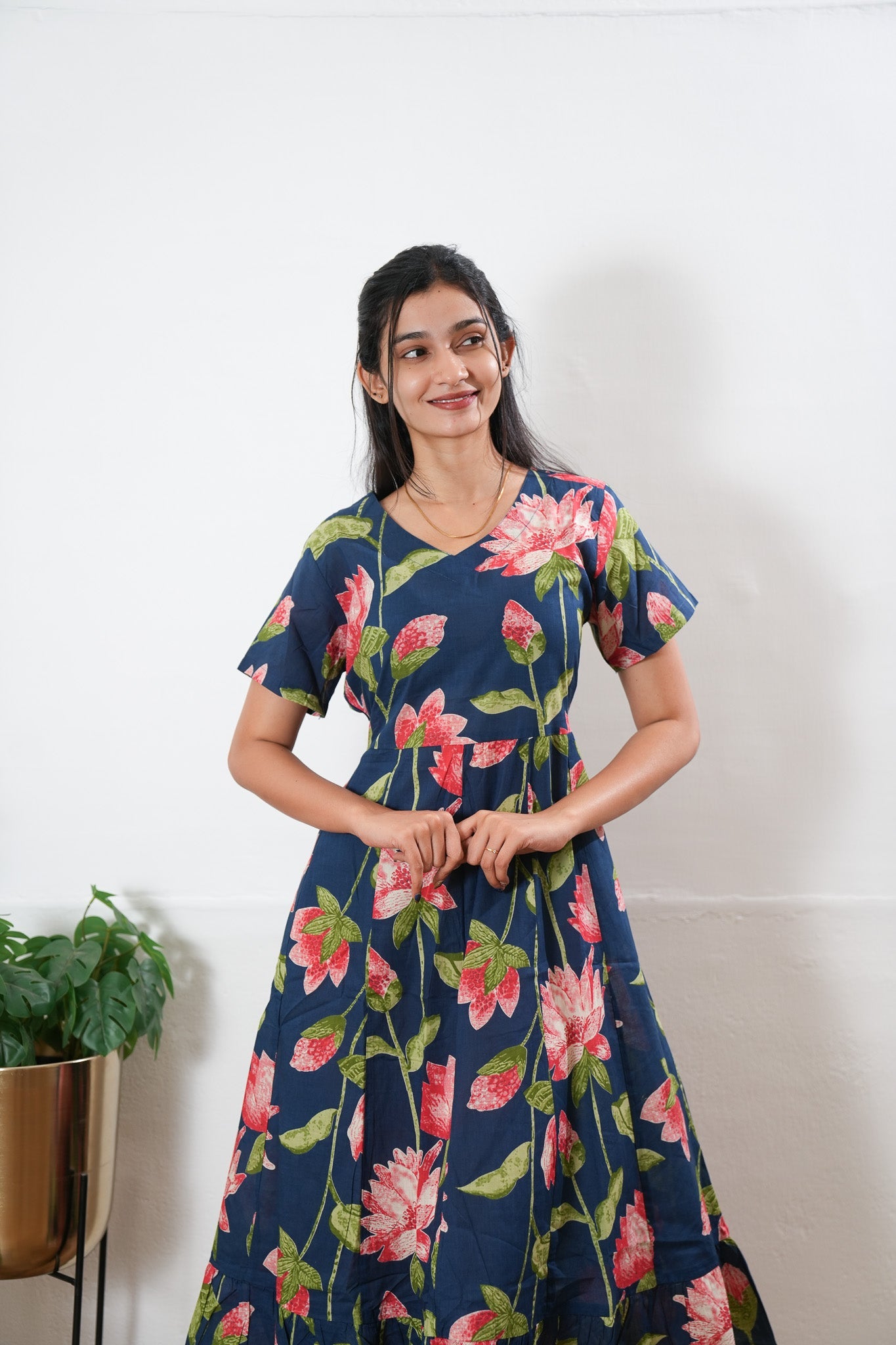 Royal blue lillies cotton midi dress