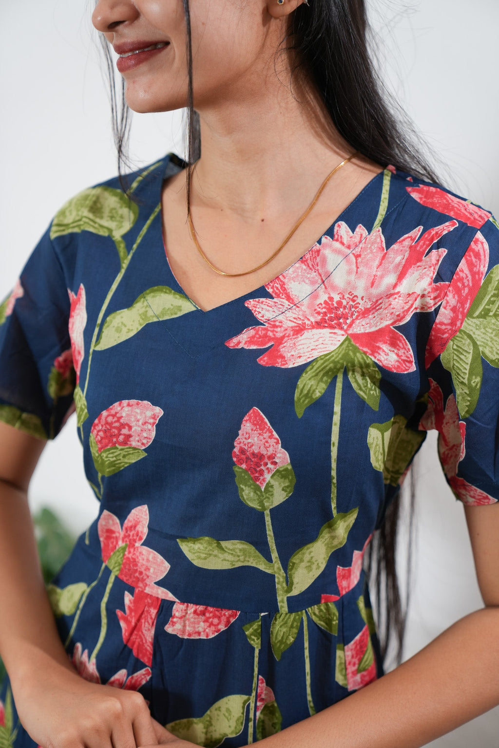 Royal blue lillies cotton midi dress