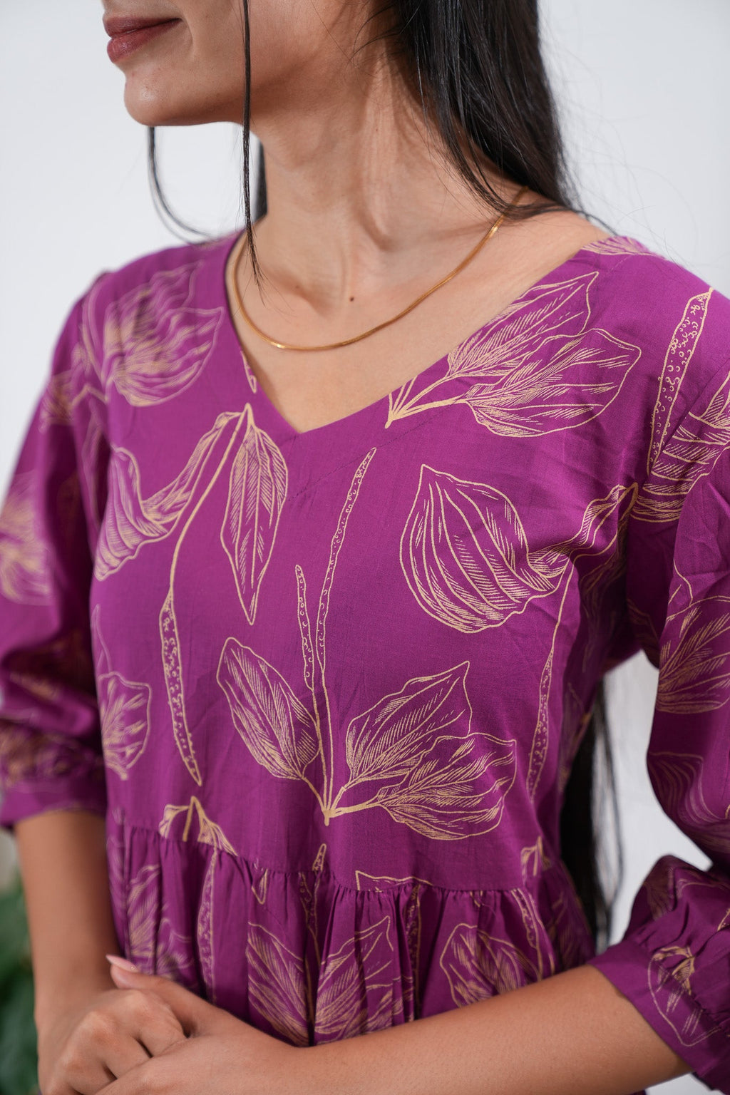 Magenta balloon sleeved cotton midi dress