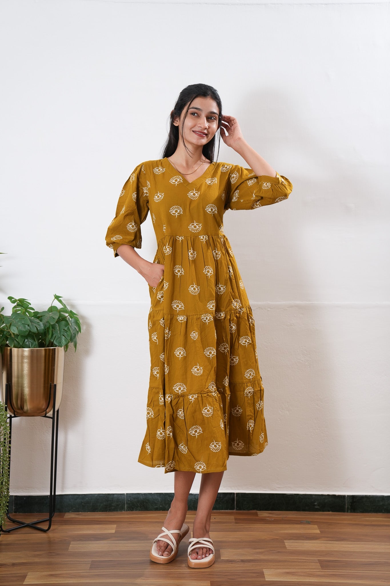 Mustard balloon sleeved cotton midi dress