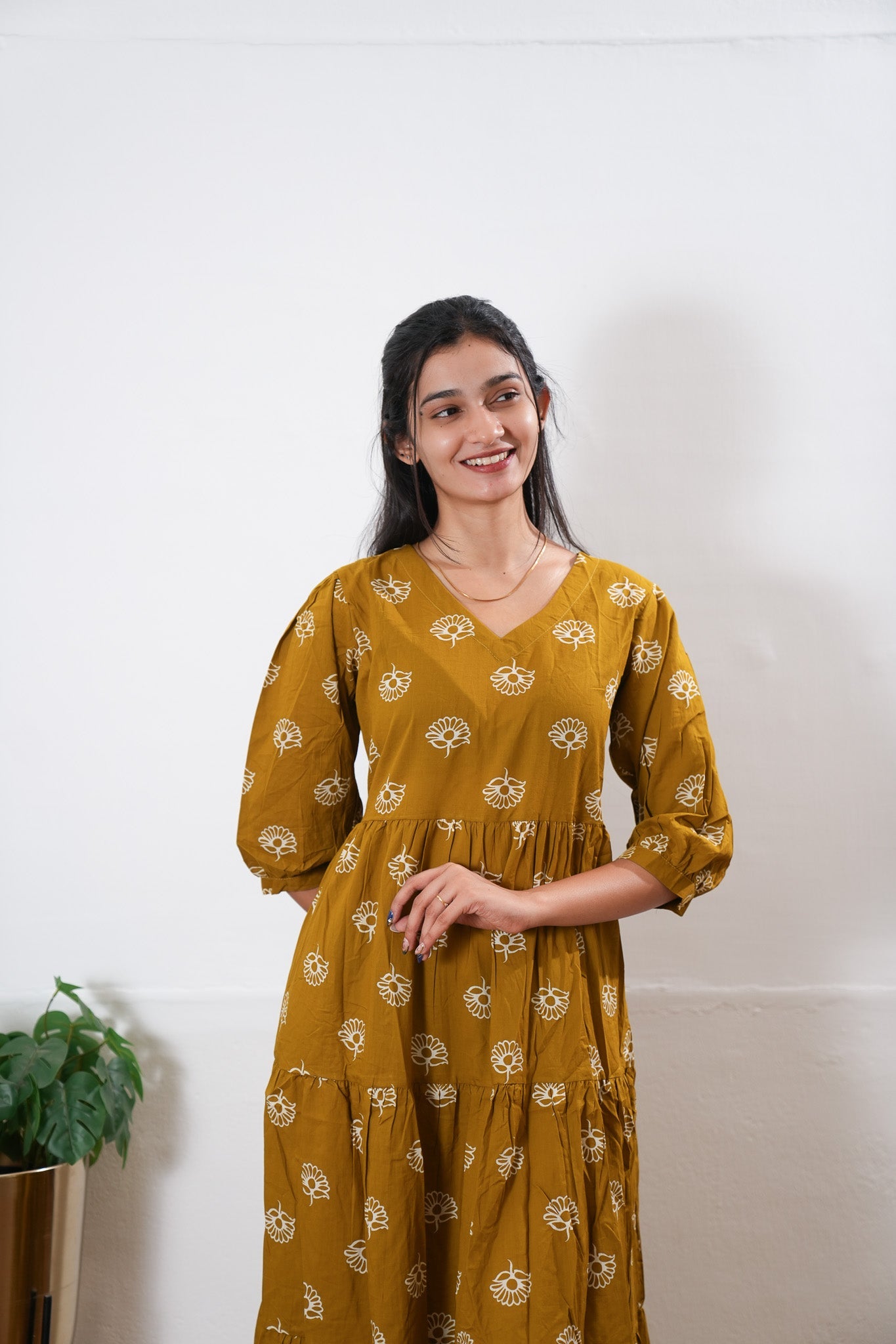 Mustard balloon sleeved cotton midi dress