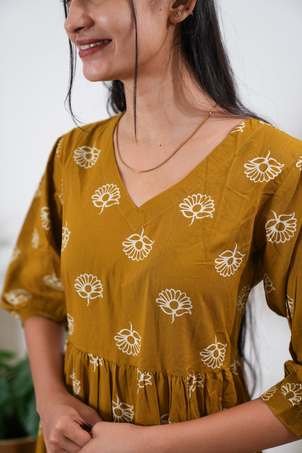 Mustard balloon sleeved cotton midi dress