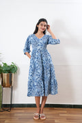 Powder blue balloon sleeved cotton midi dress