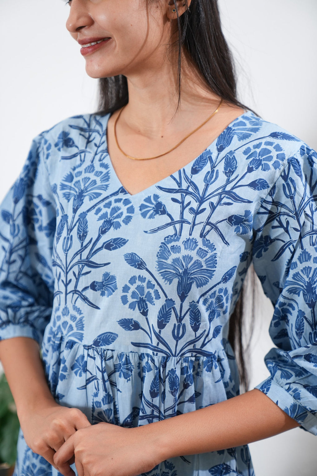 Powder blue balloon sleeved cotton midi dress