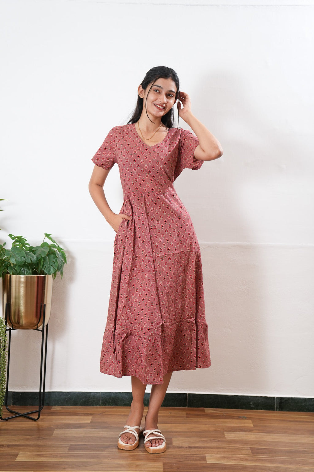 Mauve butta cotton midi dress