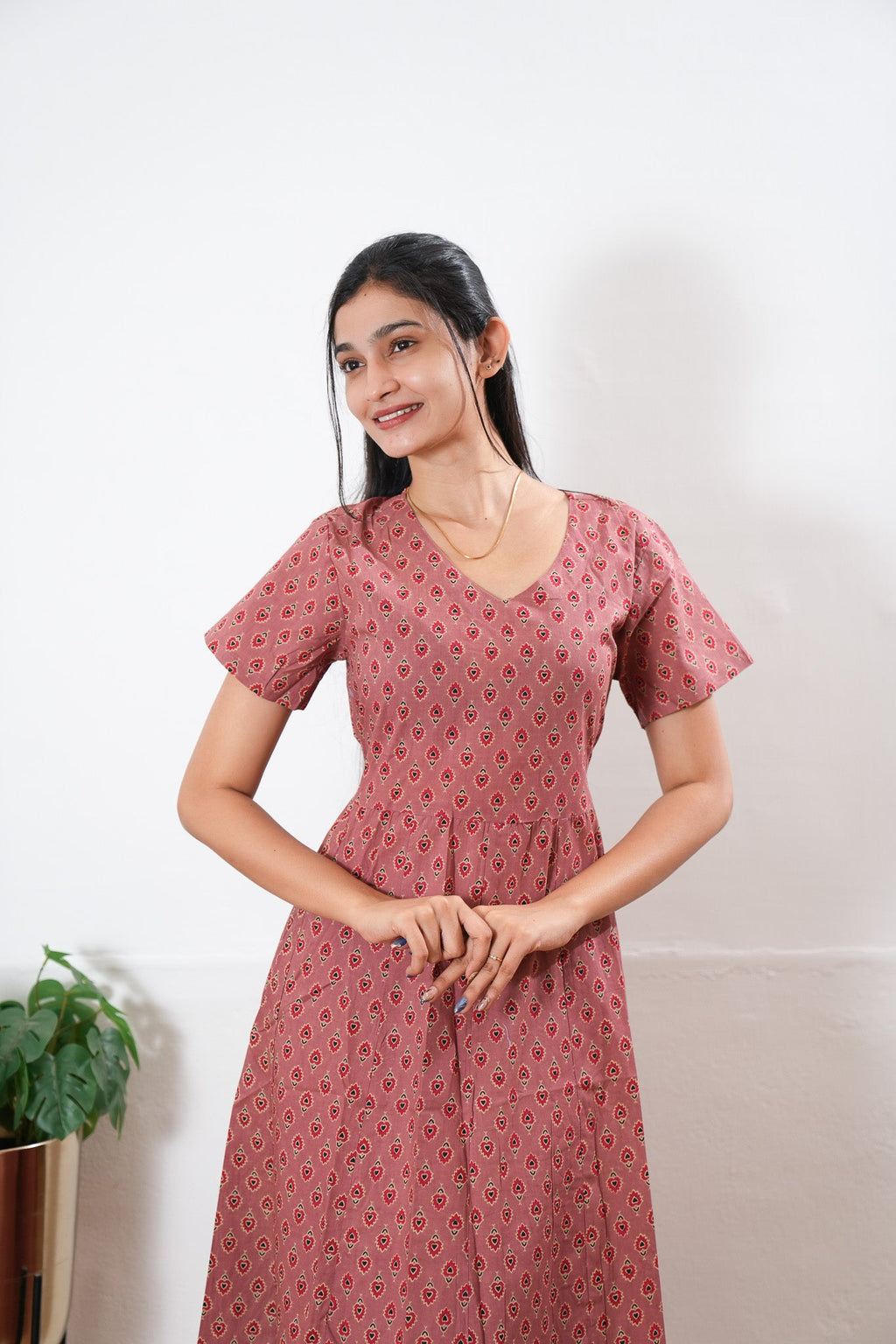 Mauve butta cotton midi dress