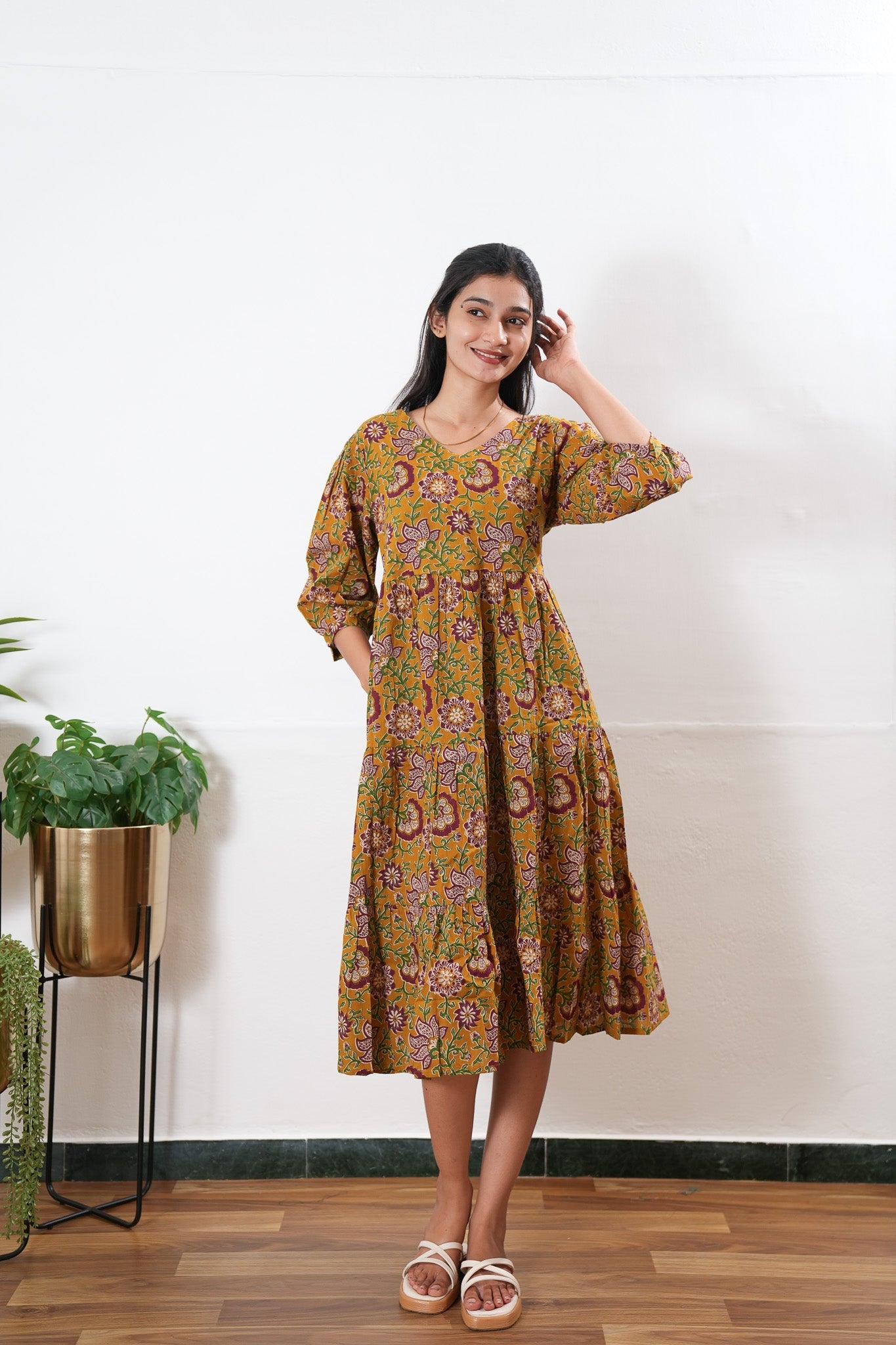 Turmeric balloon sleeved cotton midi dress