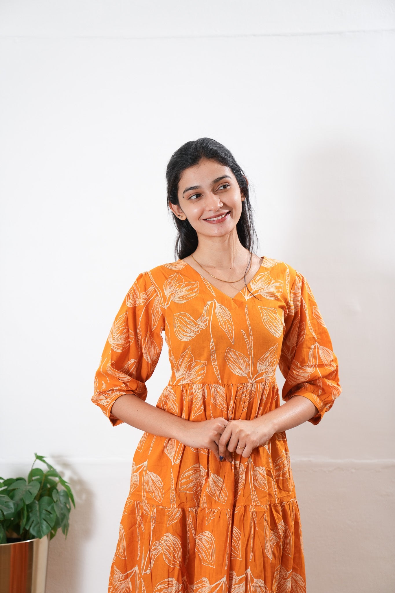 Tangerine balloon sleeved cotton midi dress