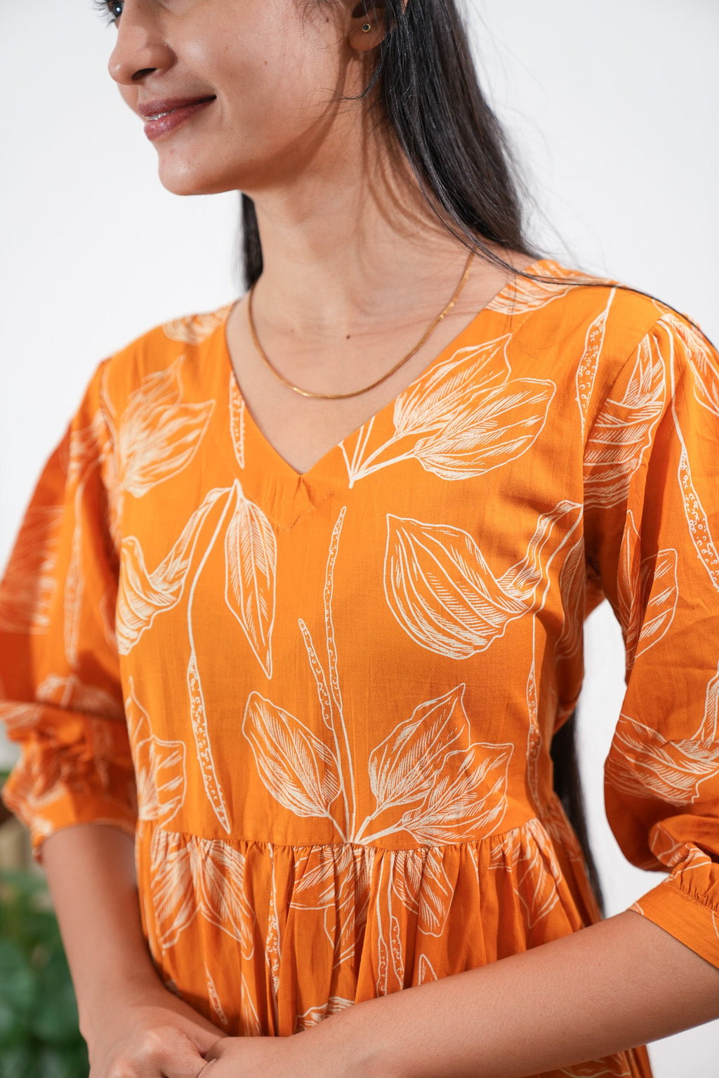 Tangerine balloon sleeved cotton midi dress