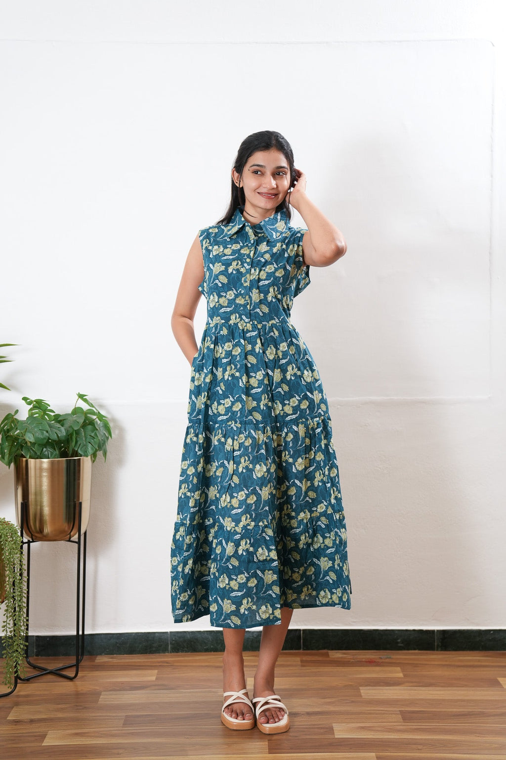 Maldives cotton button down shirt midi dress