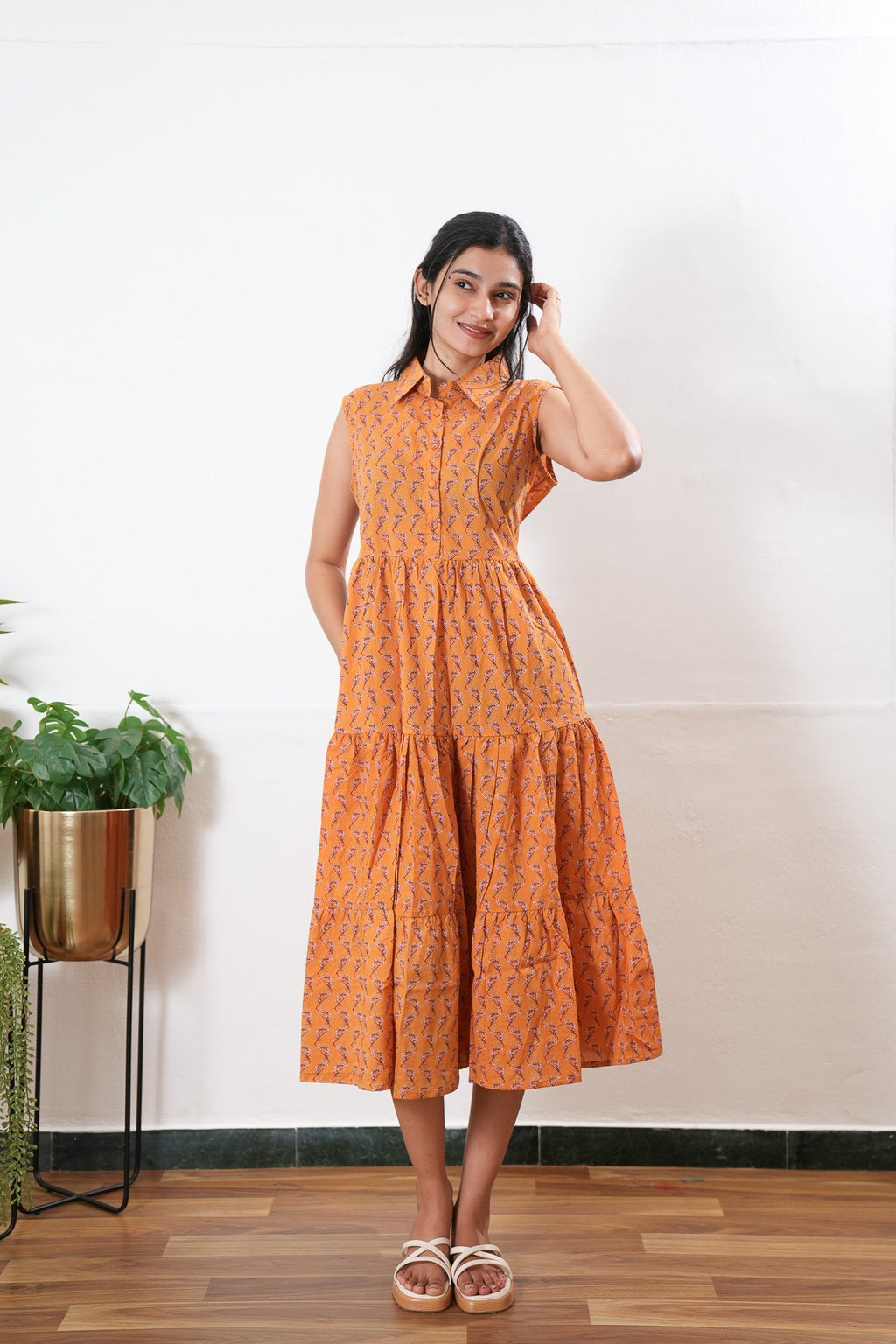 Orange cotton button down shirt midi dress
