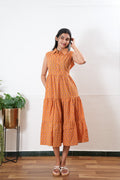 Orange cotton button down shirt midi dress