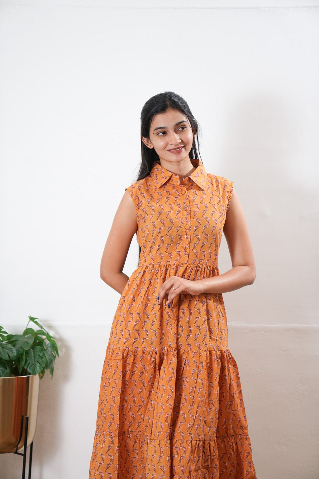 Orange cotton button down shirt midi dress