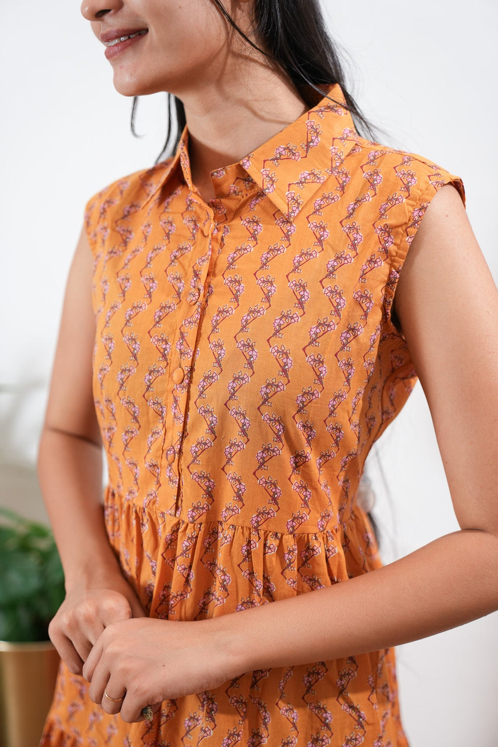 Orange cotton button down shirt midi dress